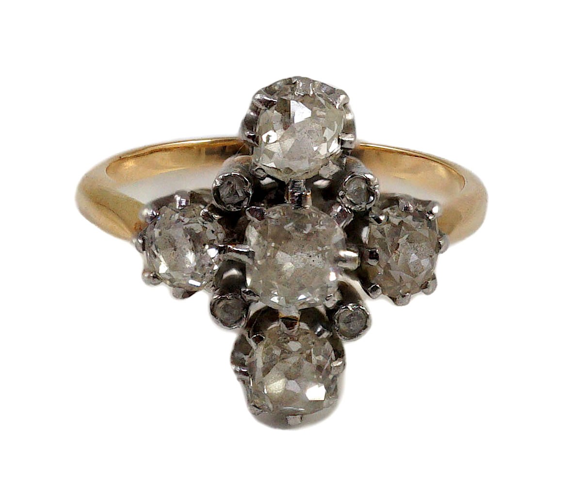 A gold and old cut five stone diamond set 'cross' ring, with diamond chip set spacers